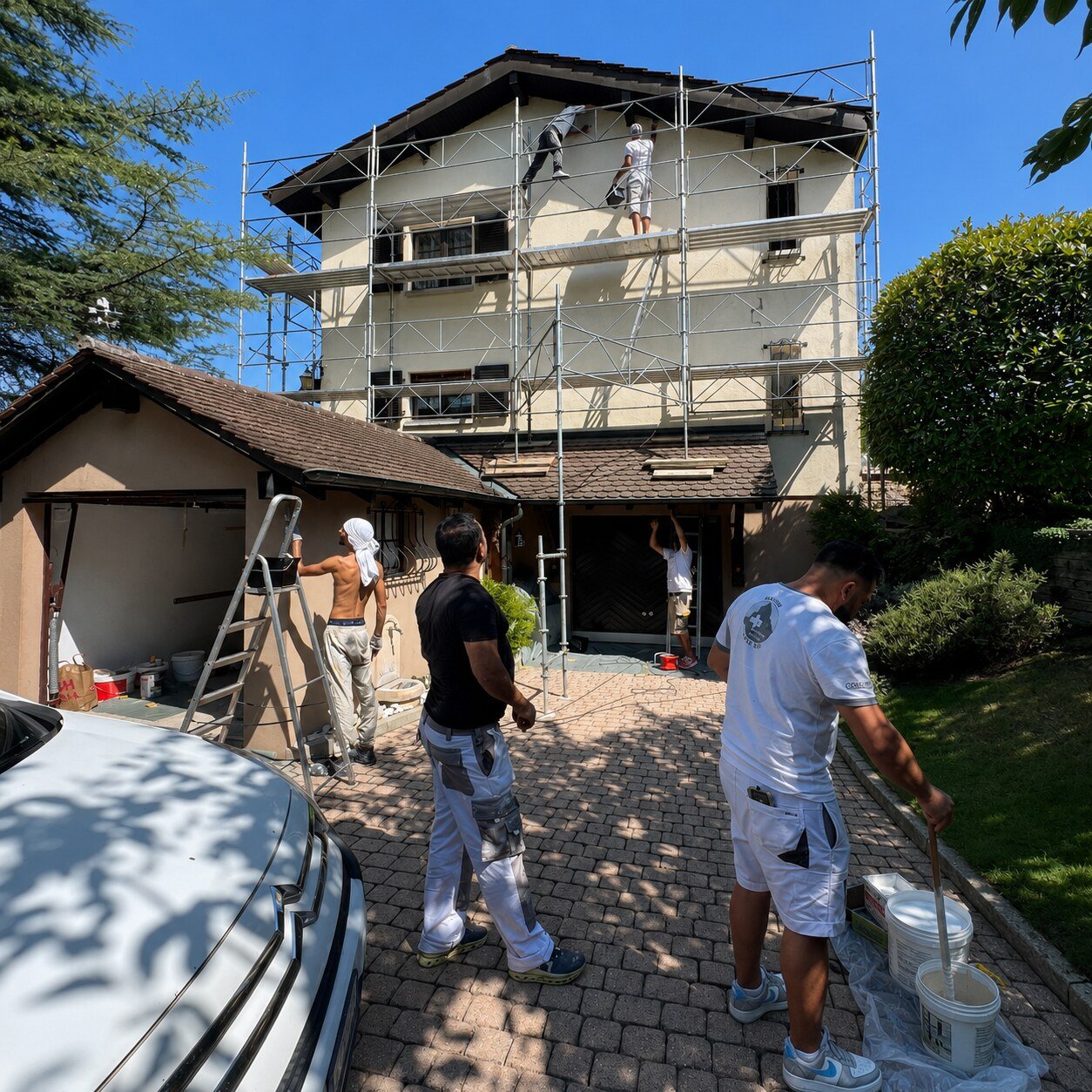 L'équipe Toloche sur un chantier de façade : peintres sur l'échafaudage, ouvriers au sol, villa privée